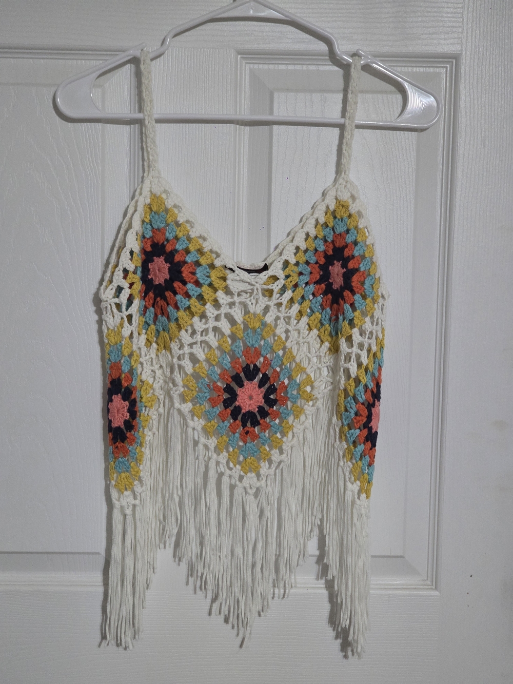 Hand-Crocheted Cream Fringe Tank Top with Multicolor Diamond Motifs